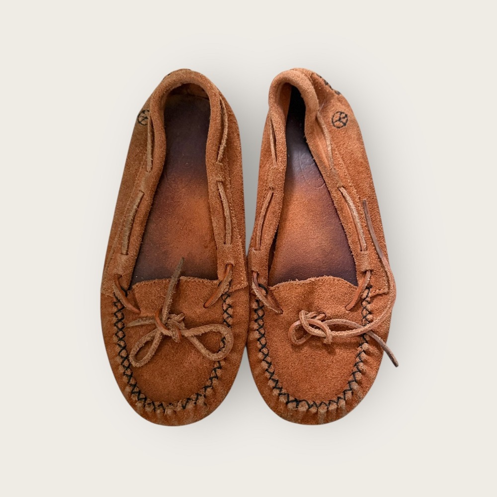 Genuine Suede Moccasins Rust Brown Hand‎ Stitch Peace Symbol Slip On Shoes